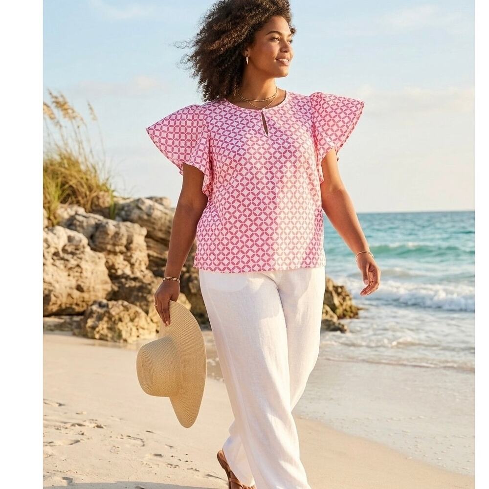 Charter Club Luxury Linen Top Size XXL Pink White Geometric Flutter Sleeve